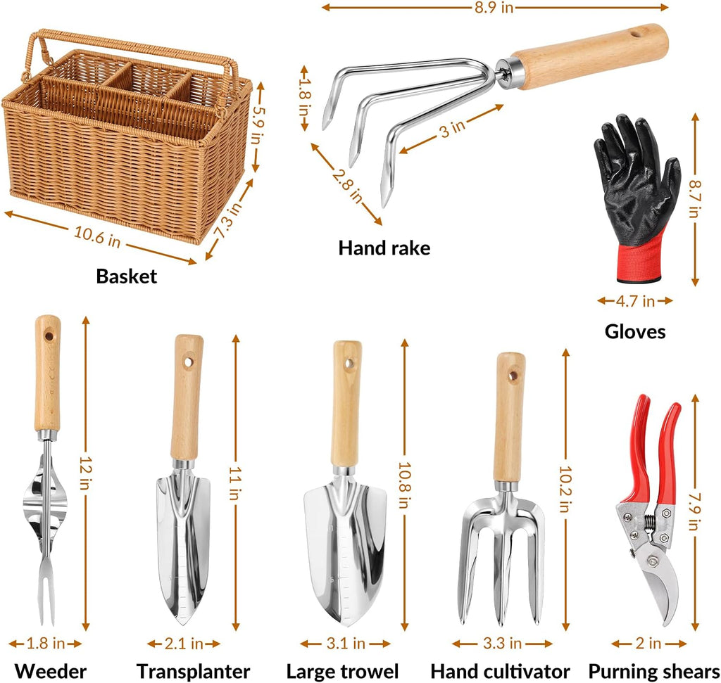 SOLIGT 8 Piece Garden Tools Set with Basket, Gardening Gifts for Women Men | Heavy Duty Stainless Steel Pruning Shears