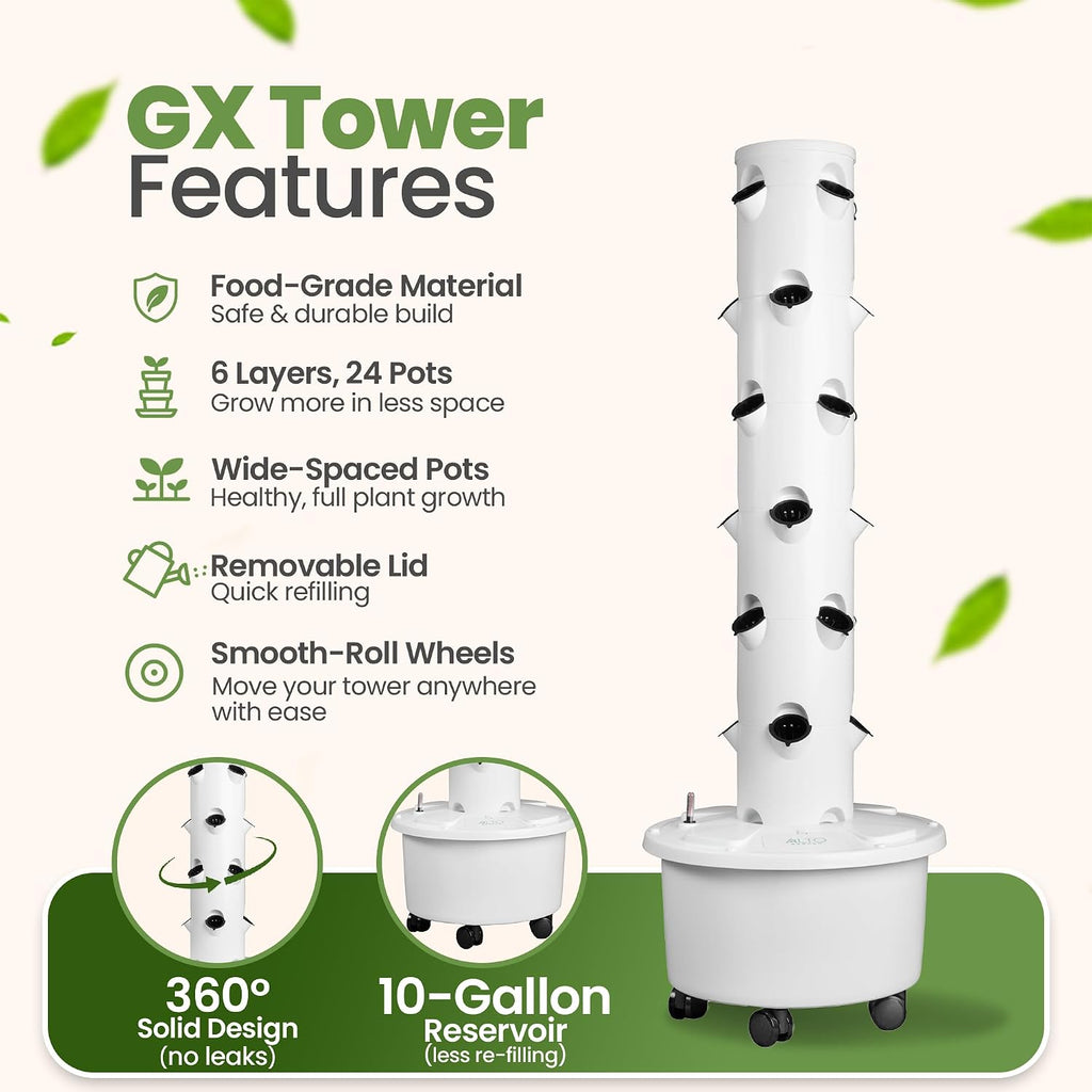 GX Hydroponic Tower | Vertical Planter Tower | Hydroponics Growing System Kit | Food Grade with 24 Net Pots (Without