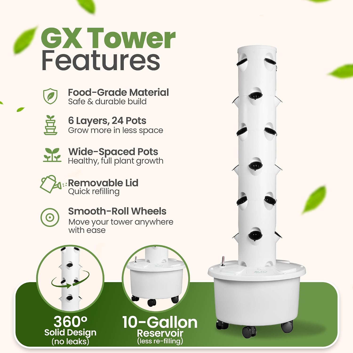 GX Hydroponic Tower | Vertical Planter Tower | Hydroponics Growing System Kit | Food Grade with 24 Net Pots (Without