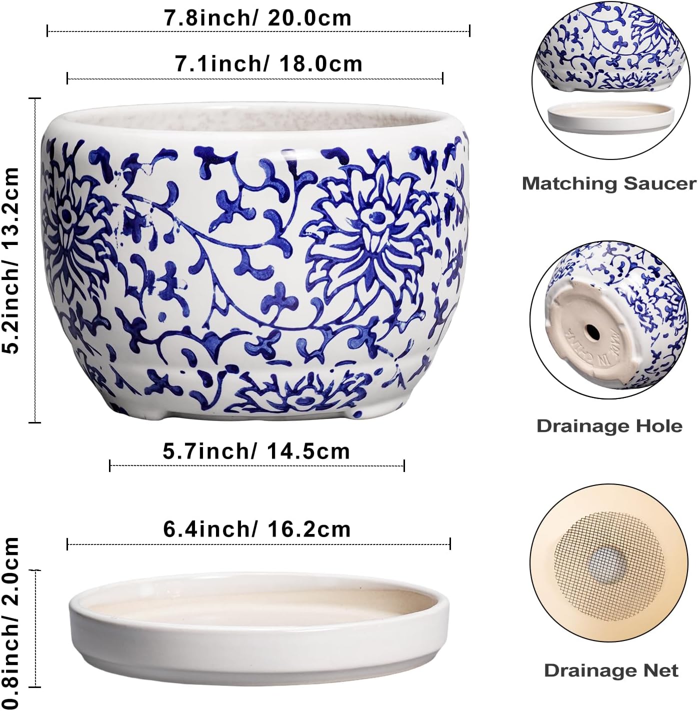 SQOWL Ceramic Pots for Plants - 8 inch Ceramic Planter with Drainage Hole and Saucer, Round Flower Pots for Indoor