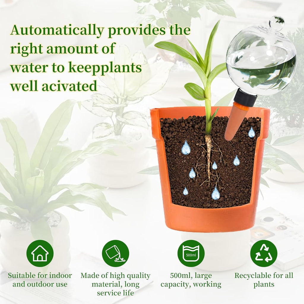 6pcs Plant Self Watering Globes with Covers, Plastic Water Bulbs Top Fill, Plant Watering Devices System Slow Release