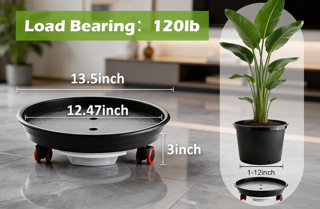 RooTrimmer 4 Pack 13 Inch Plant Caddy with Wheels and Drainage Tray, Gray | Heavy duty rolling plant stand with casters