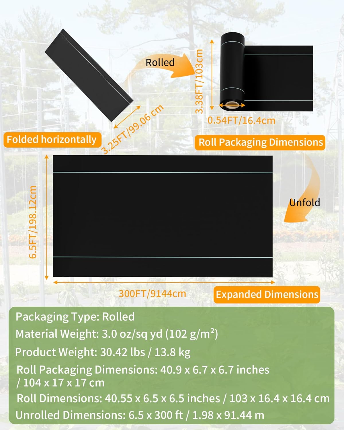 Pterying 6.5x300ft Weed Barrier Fabric, 3oz Heavy Duty for Garden Driveway | Outdoor Ground Cover for Yard, Woven