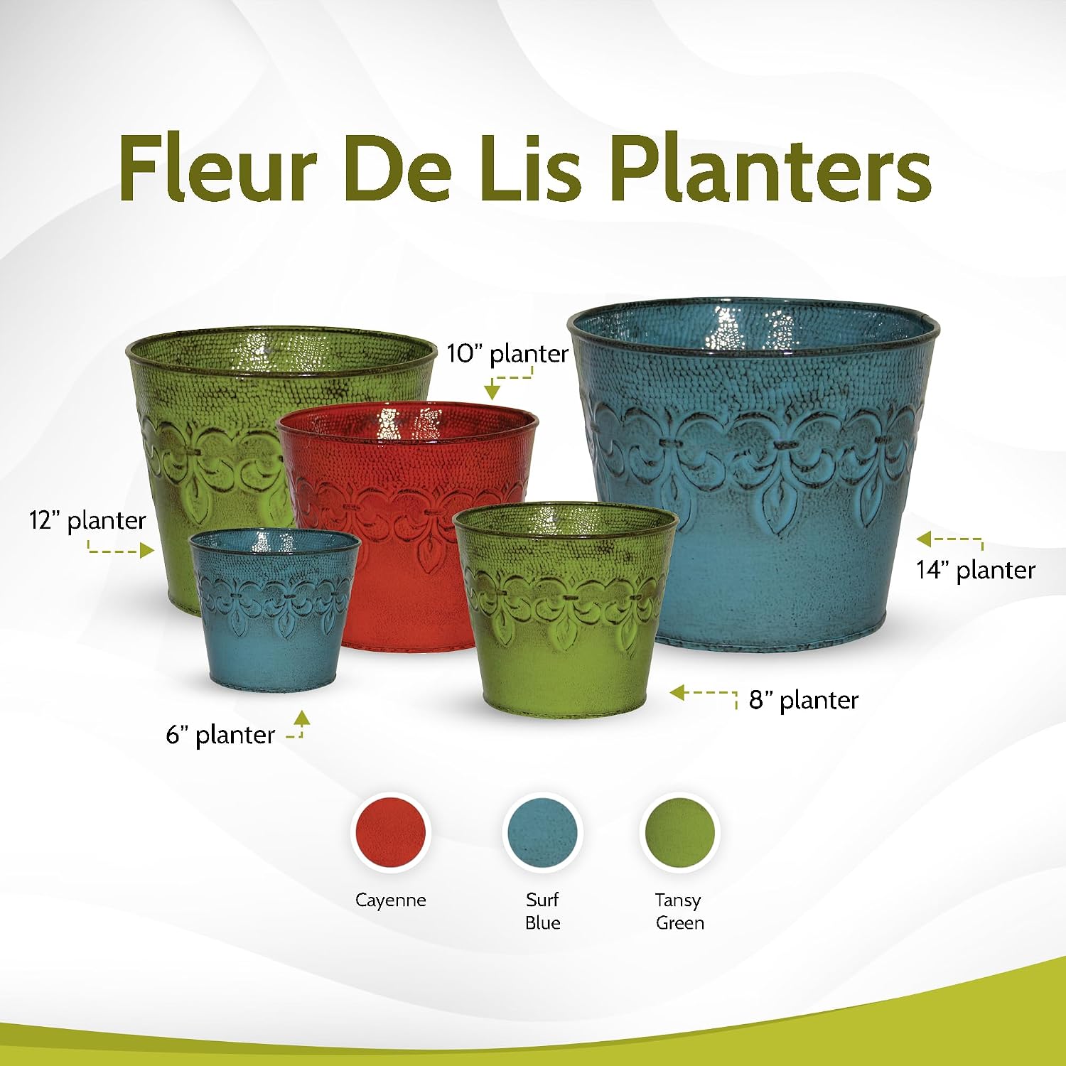 MPT01891 Fluer De Lis Series Metal Planter Flower Pot, 6", Color Tansy Green