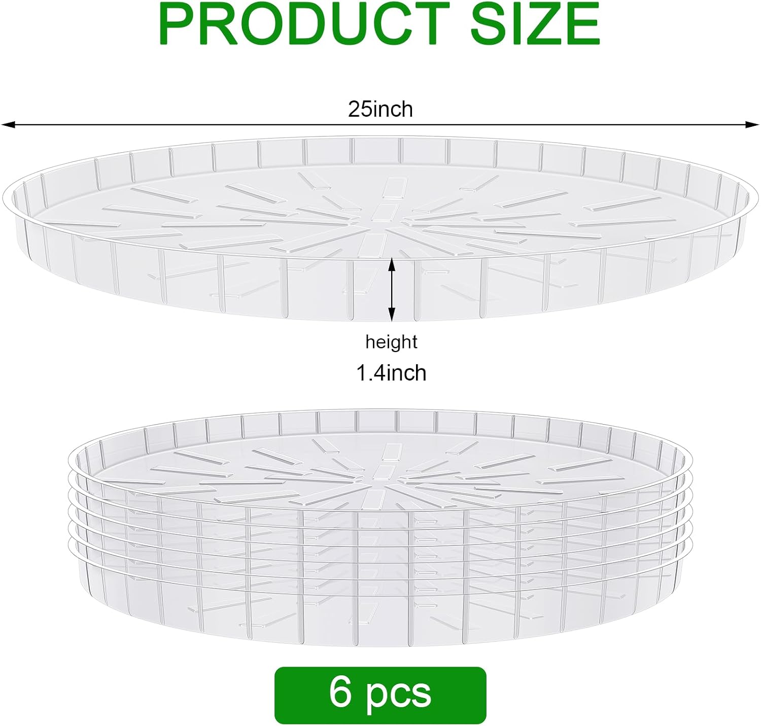 DoubleFill 6 Pcs 25 Inch Plant Saucer Large Clear Plastic Flower Plant Trays Heavy Duty Round Water Catcher for Pots