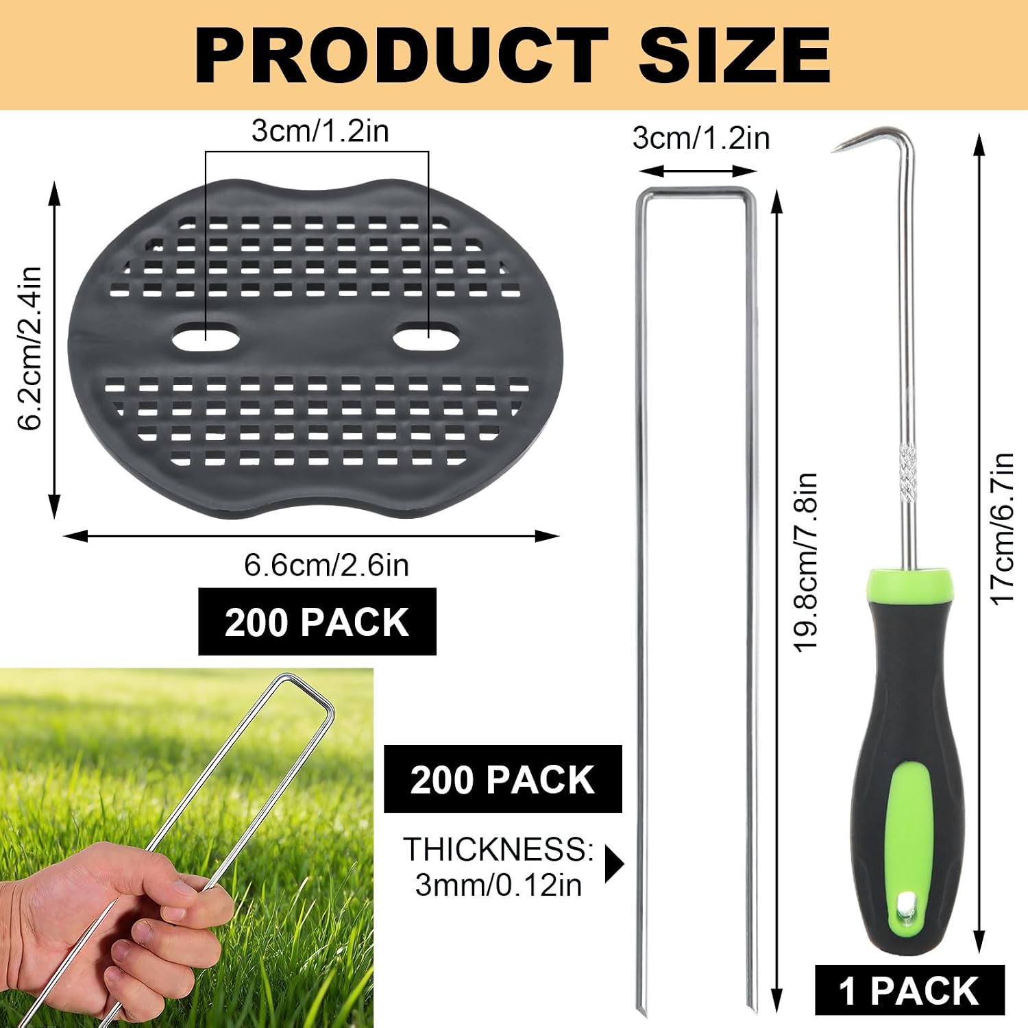 8 Inch Landscape Staples Set, 200Pcs U-Shaped Landscape Staples and 200Pcs Fixing Gasket with 1 Pcs Pick Hook for Weed