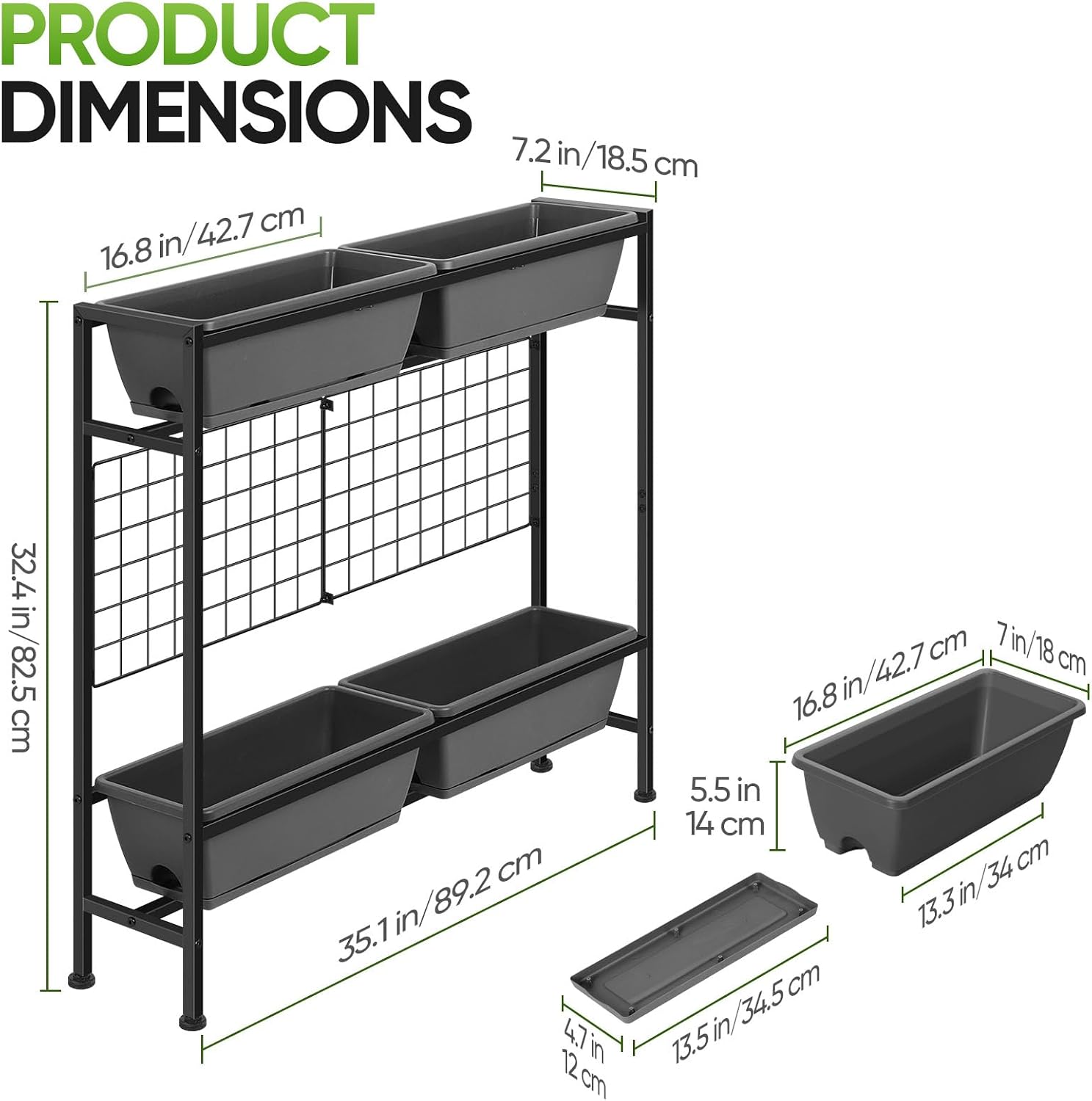 CADUKE Raised Planter Box, Plastic Raised Garden Bed with Legs, Standing Planter Box with Drainage Holes & Trellis, 32"