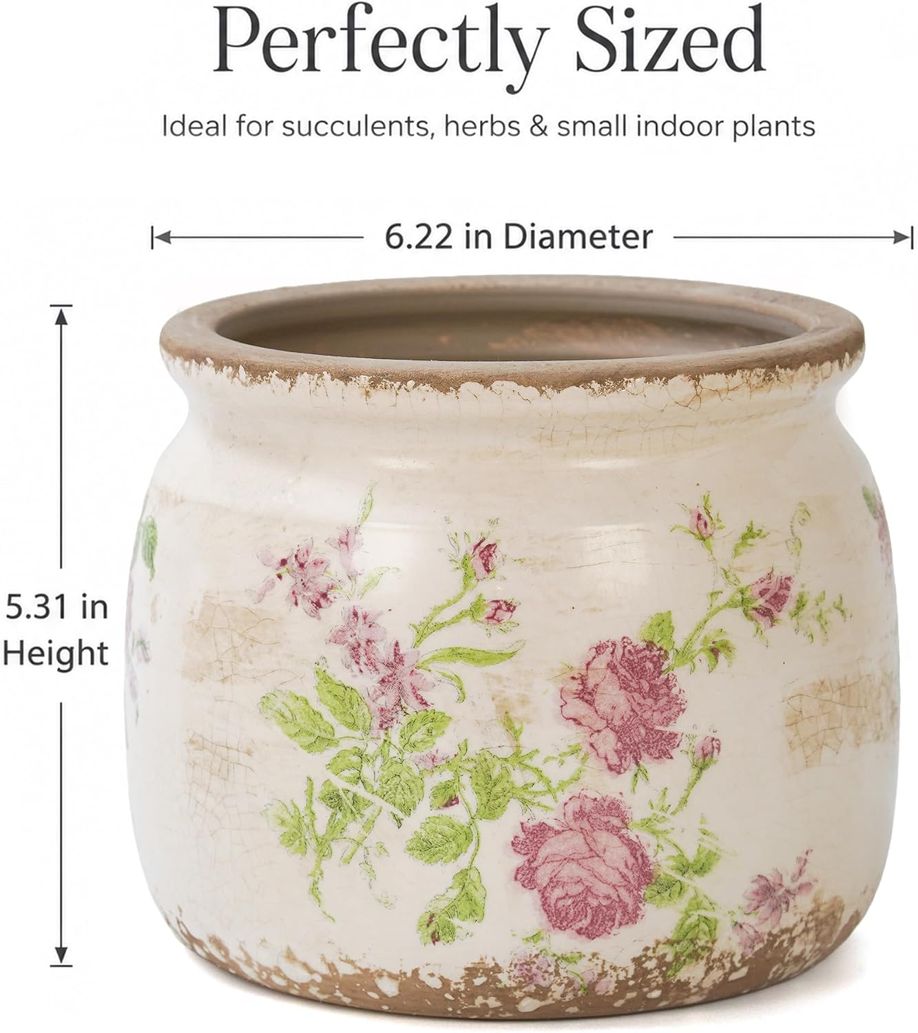 Dosayes Vintage Plant Pot, Pink, 6.29 inch Ceramic Flower Pot | Rustic Floral Design with Crackle Glazed, Farmhouse