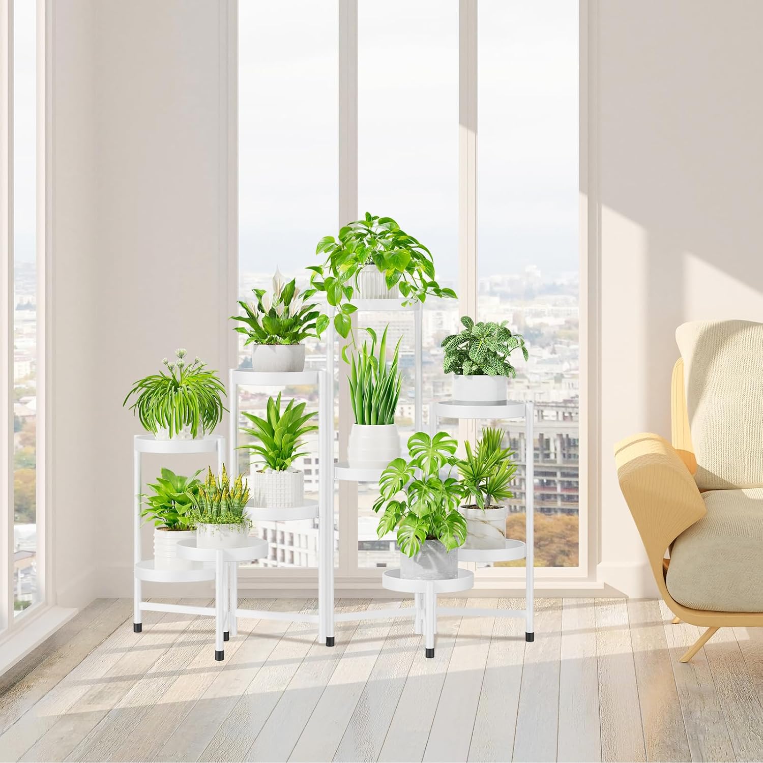 iDavosic.ly Plant Stand Indoor Outdoor, 10 Tier Metal Corner Shelf, White | Tiered Flower Display Holder, Folding Multi