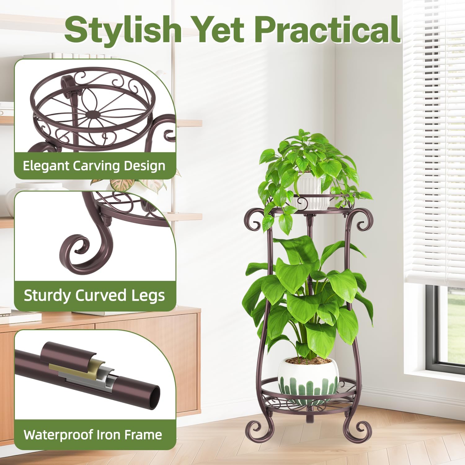 iDavosic.ly 2 Tier Tall Metal Plant Stand Outdoor Indoor, 27 Inch, Bronze | Corner Flower Pot Holder Shelf, Wrought
