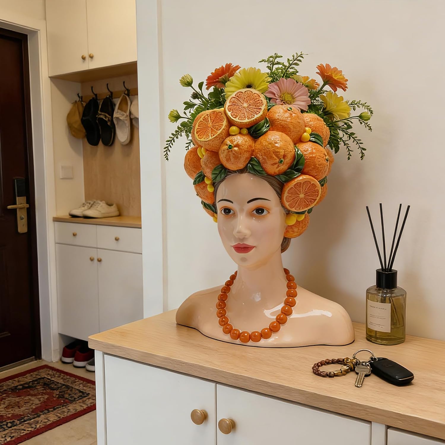 DiliComing Head Planter Succulents Plant Pots - 11 Inch Orange Resin Lady Face Planters for Outdoor Indoor Plants