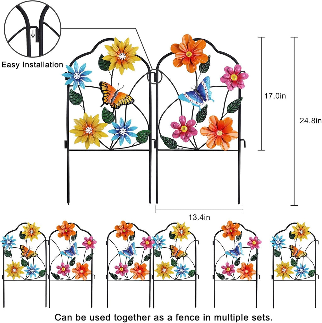 hogardeck Garden Decor for Outside, Set of 2 Metal Fence Decorative Garden Stakes with Flowers for Spring Decor, Yard
