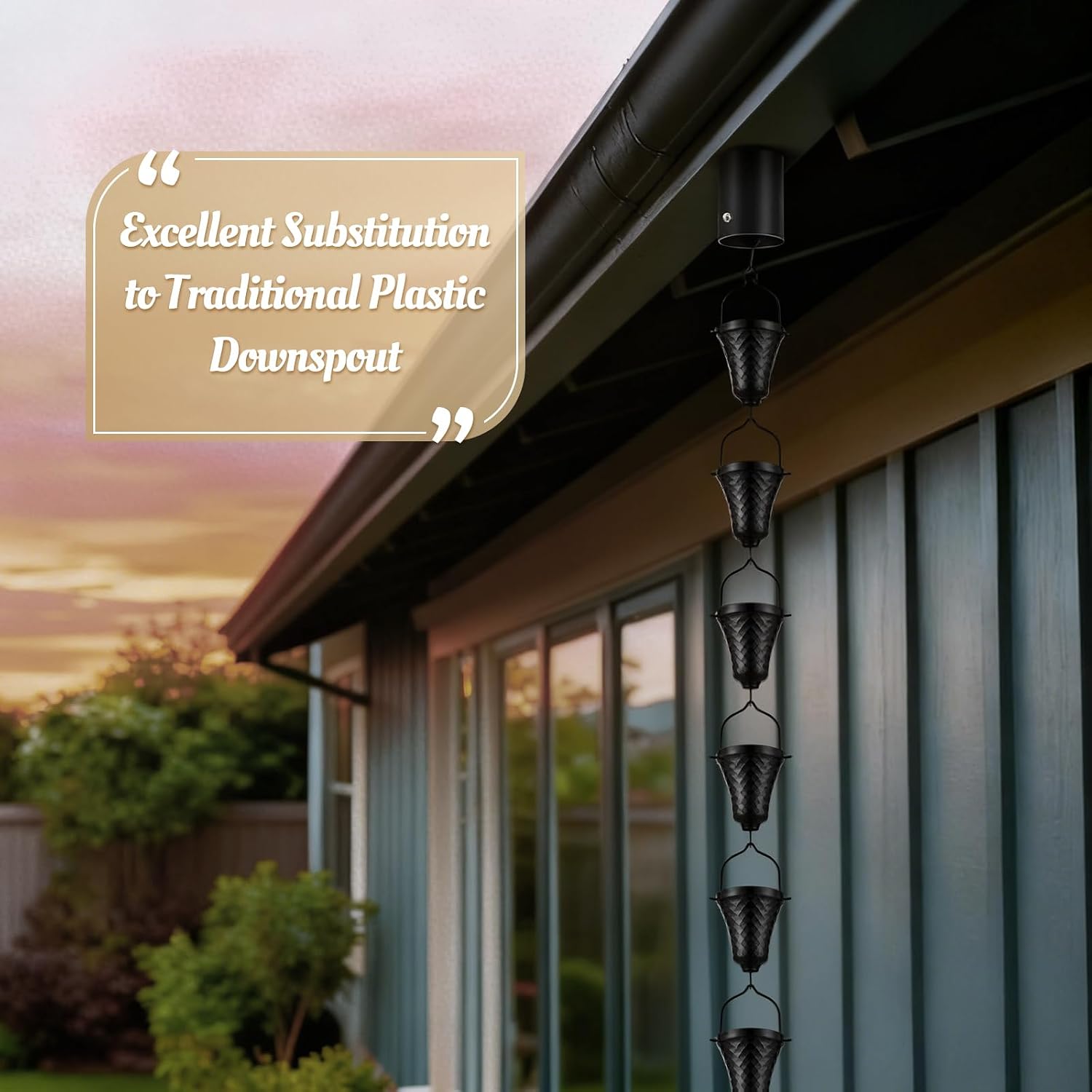8.5 FT Black Rain Chain with 16 Cups for Gutters Downspouts Outside | Large Opening to Avoid Splashing, Instruction for