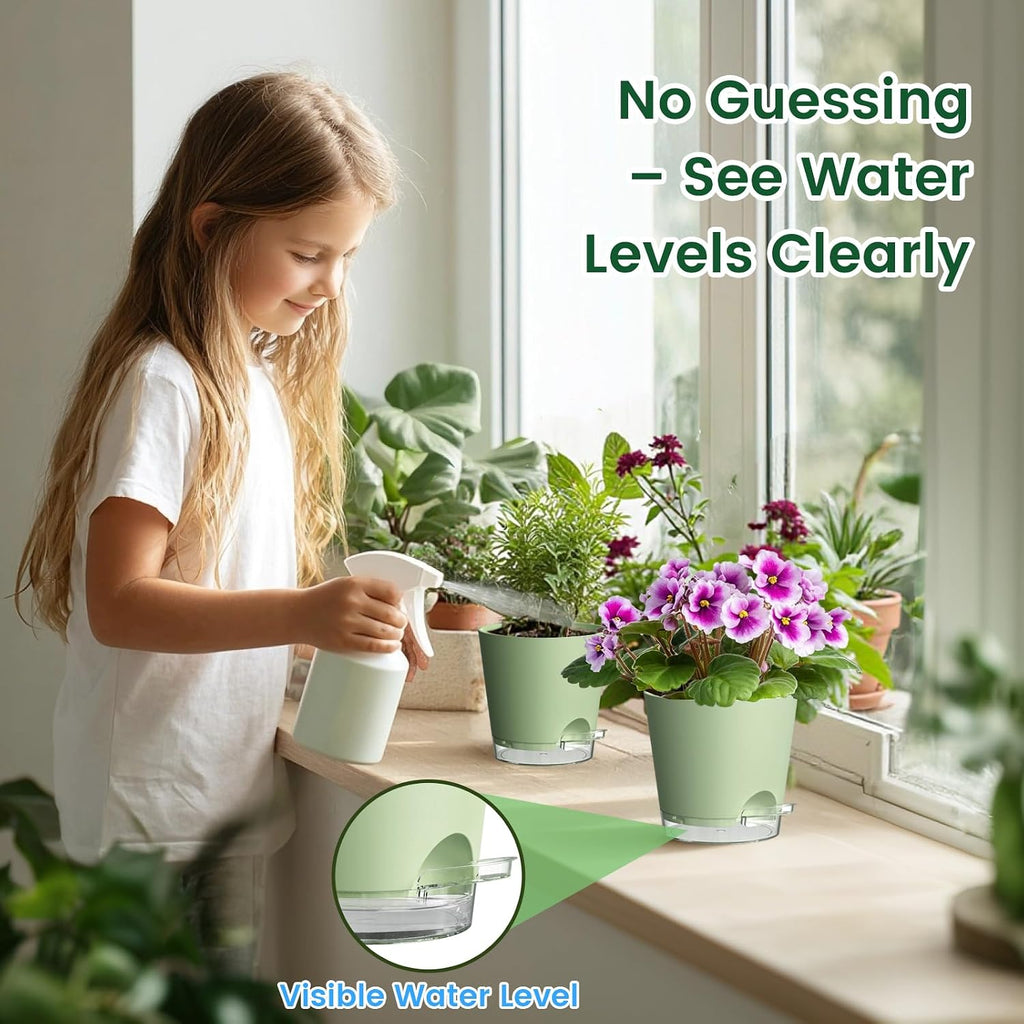 Meowell 7 inch Self Watering Pots for Indoor Plants, 5 Pack Plant Pots with Drainage Holes & Clear Reservoir for