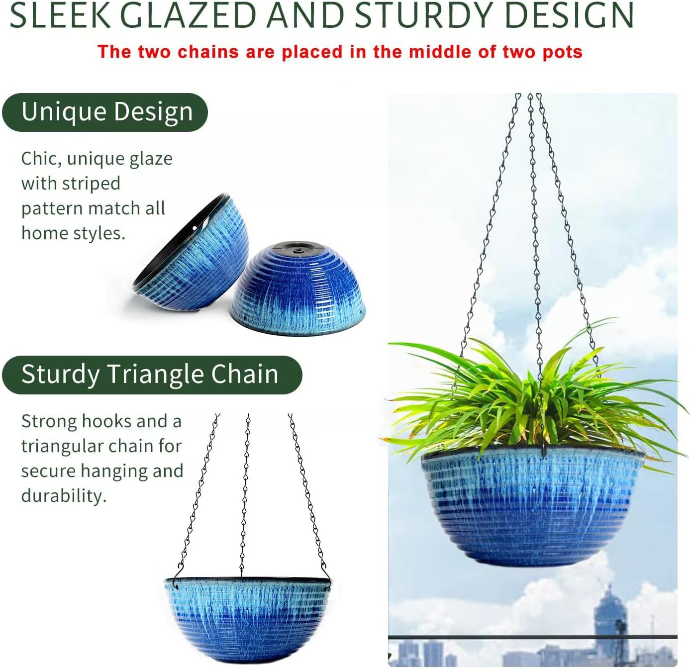 2 Pack 10 Inch Glazed Hanging Planters, Hanging Baskets with Drainage Hole | Ceramic Look, Hanging Flower Pots for