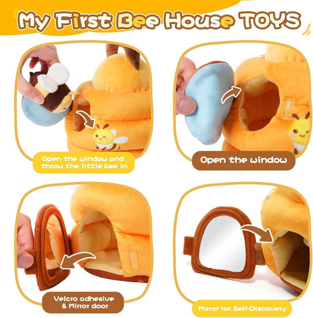 Koty Baby Toys 6-12 Months,Bee House Sensory Learning Toy, Beehive wtih wtih rattles, Squeaker, Mirror,5pcs Yellow