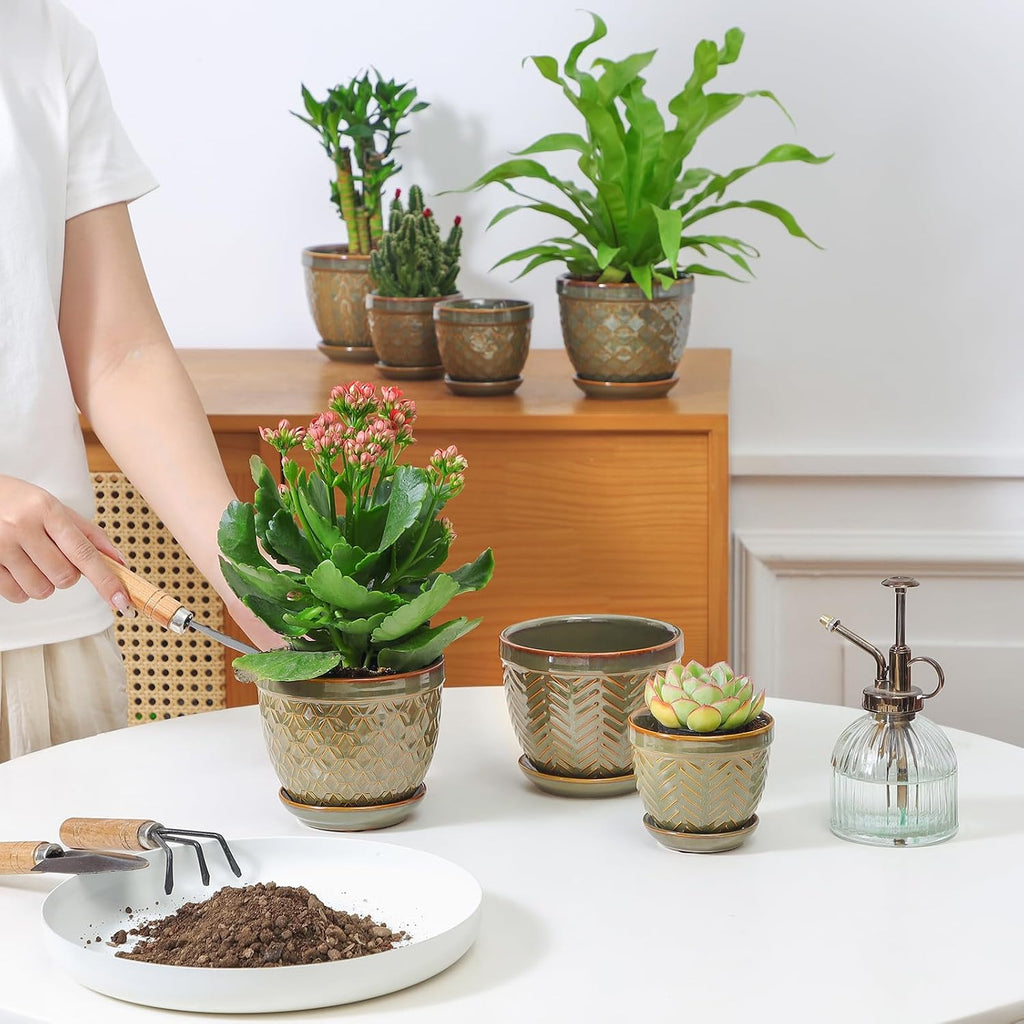 Sureasy Ceramic Plant Pots, 4.7 Inch Flower Pots for Indoor Plants, Succulent Pots with Saucer and Drainage Hole