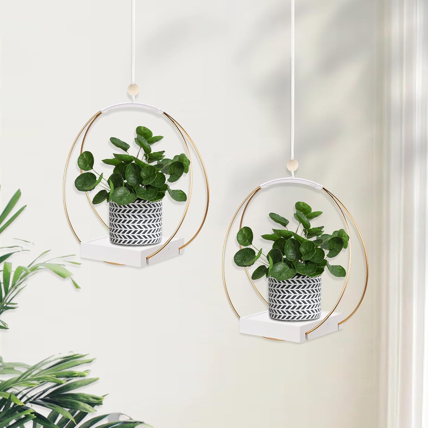 hismocal 2 Pack Hanging Planter Holder for Indoor Plants, Plant Hanger with Sturdy Wood Base,Modern Boho Macrame Wall