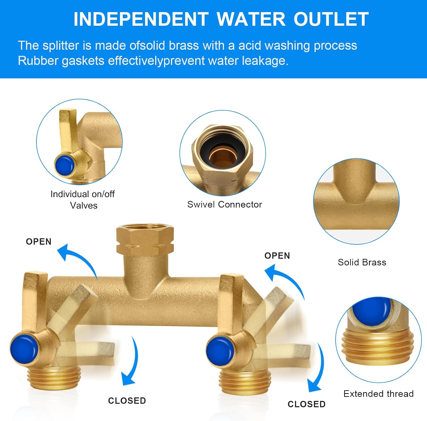 Brass Garden Hose Splitter, Garden Hose Splitter 2 Way Heavy Duty, Outdoor Hose Splitter, GHT 3/4 in. Female Inlet and