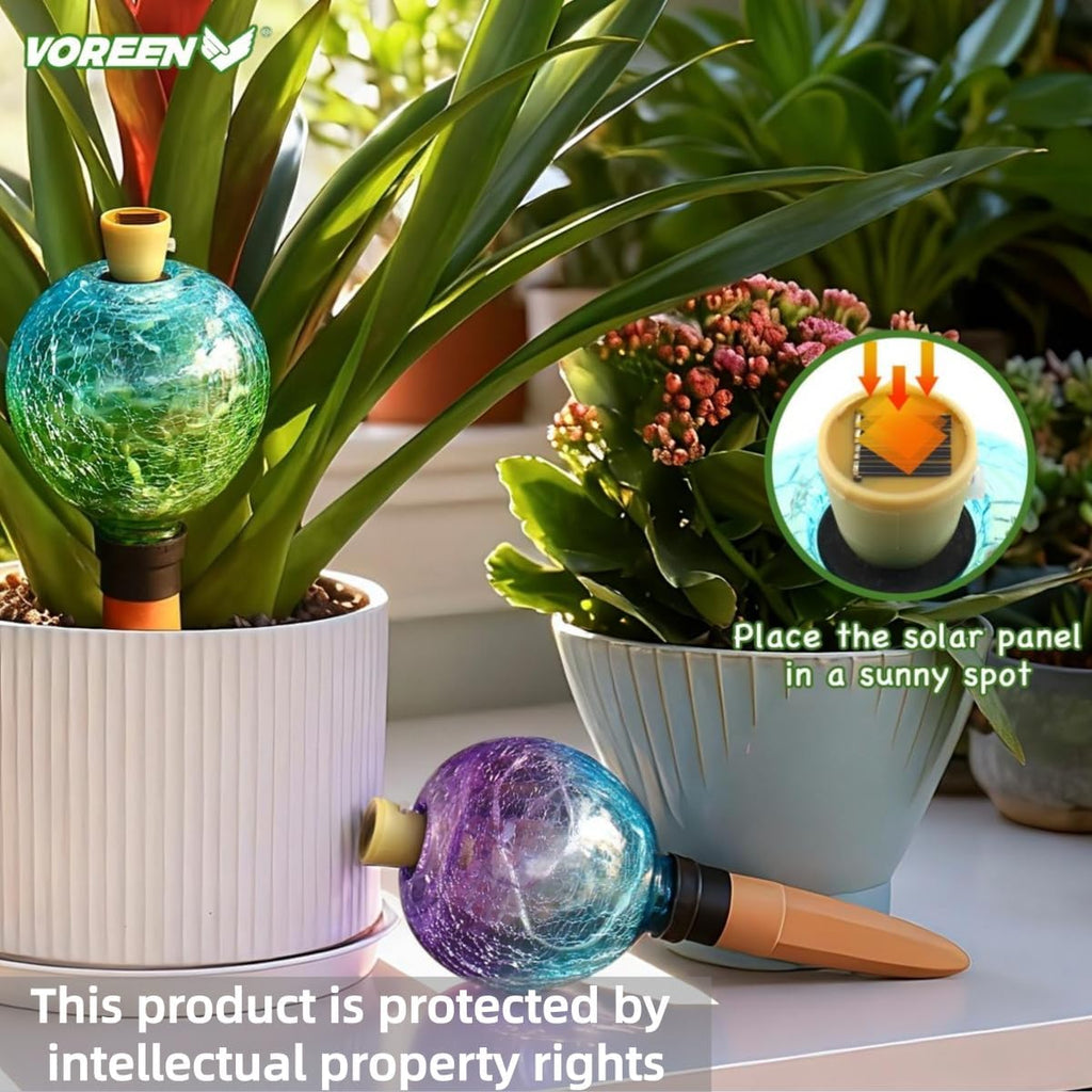 VOREEN Crackle Glass Plant Watering Globe with Terracotta Spike,Self-Watering Irrigation for Potted Plants, with Solar