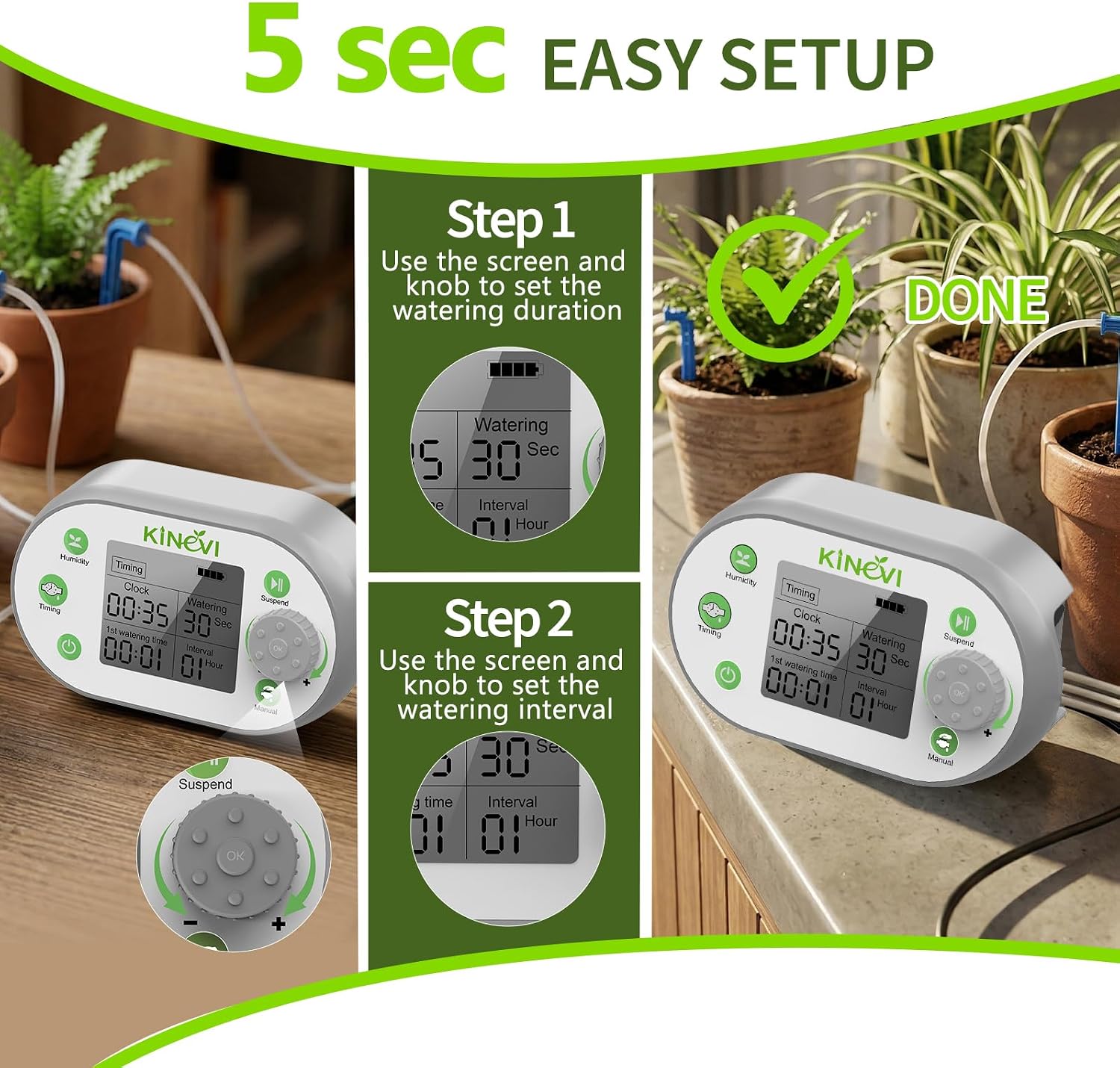 Automatic Plant Waterer for 15 Pots, Indoor Drip Irrigation Kit | Programmable Water Timer with Smart Humidity Sensor