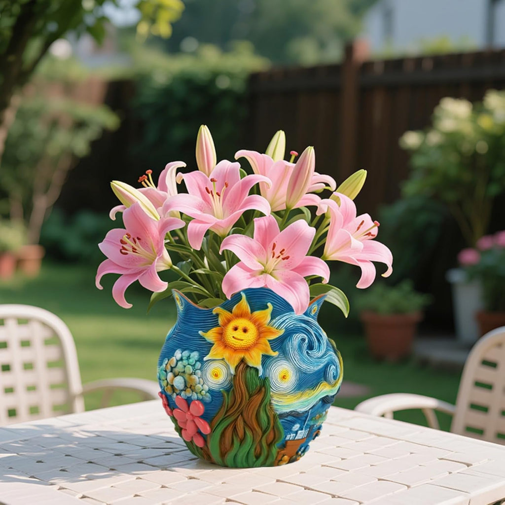Starry Night Theme Flower Pots Colorful Art Planter Pots for Indoor Plant Cute Unique Resin Flower Pot with Drainage