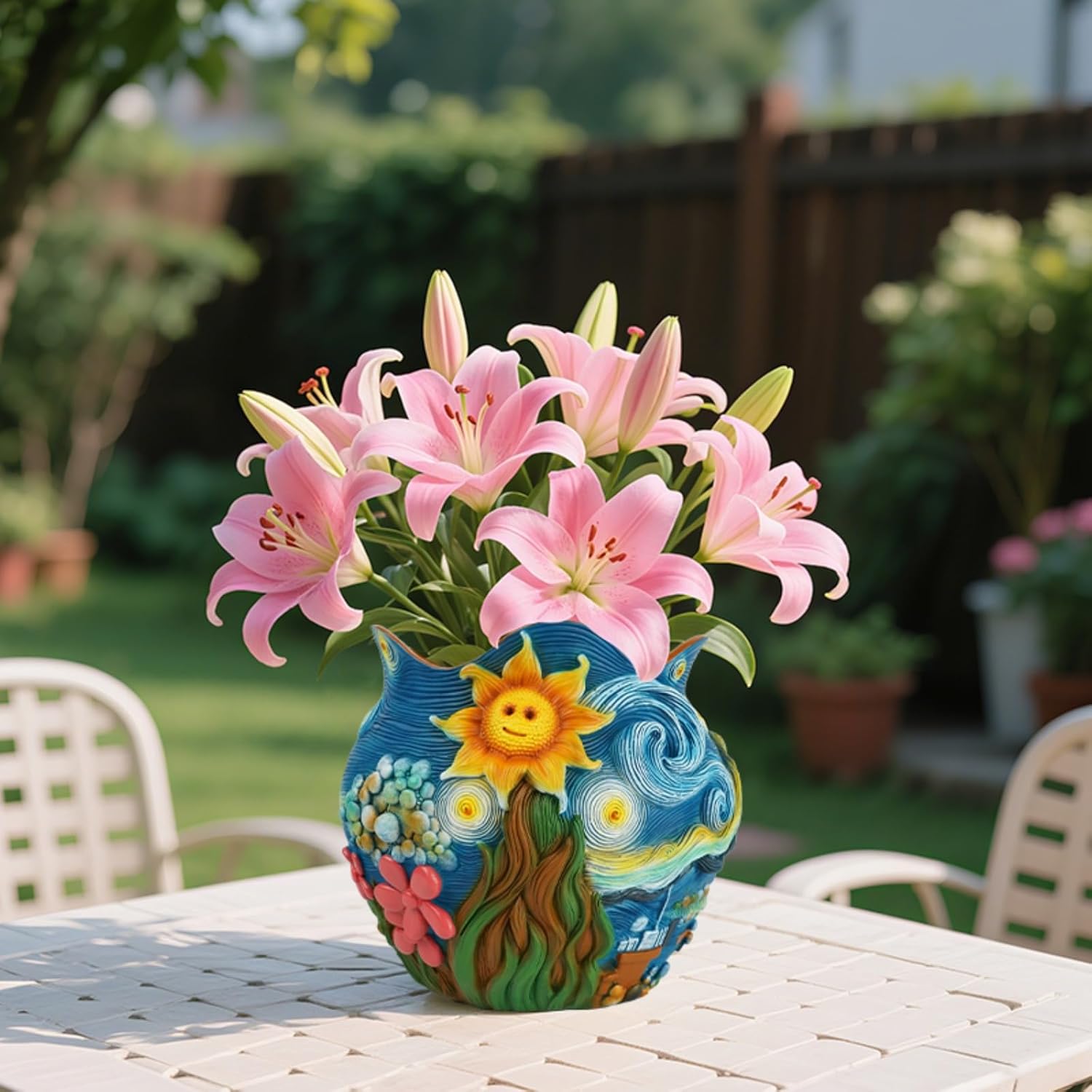 Starry Night Theme Flower Pots Colorful Art Planter Pots for Indoor Plant Cute Unique Resin Flower Pot with Drainage