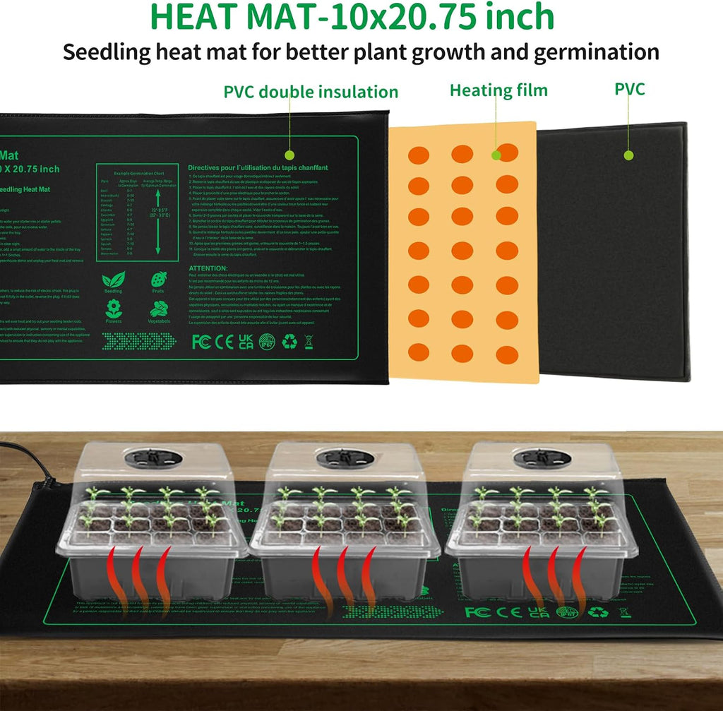 NAMOTEK 5 Pack Seed Starter Tray with Heat Mat and Grow Light Humidity Domes, 60 Cell Trays Germination Station Cloning