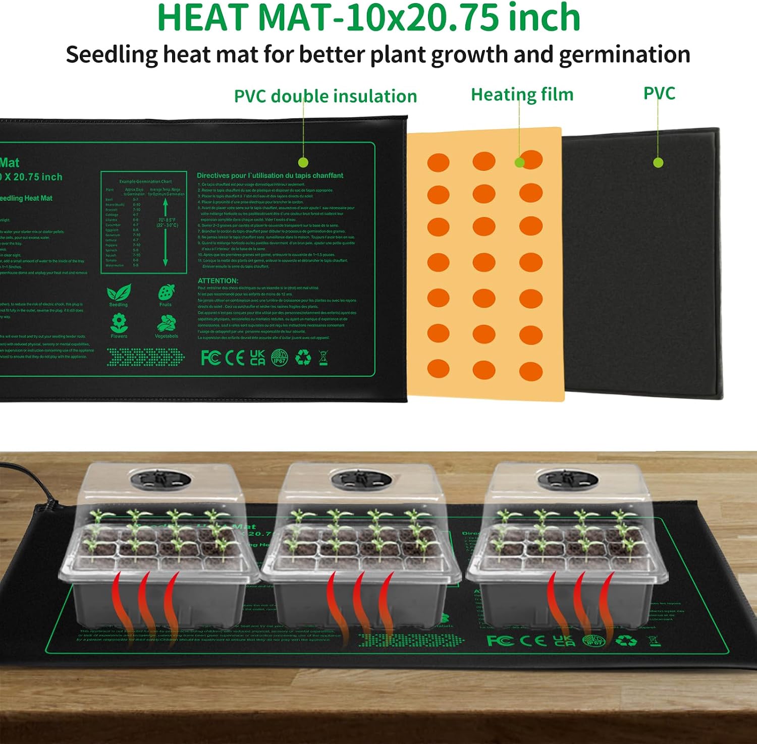 NAMOTEK 5 Pack Seed Starter Tray with Heat Mat and Grow Light Humidity Domes, 60 Cell Trays Germination Station Cloning