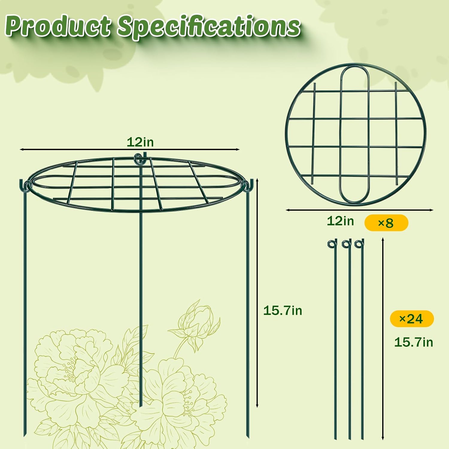 TTQ 8 Pack 12 x 15.7 inch Peony Cages and Supports,Metal Grow Through Plant Supports for Outdoor Plants,Flowers Support