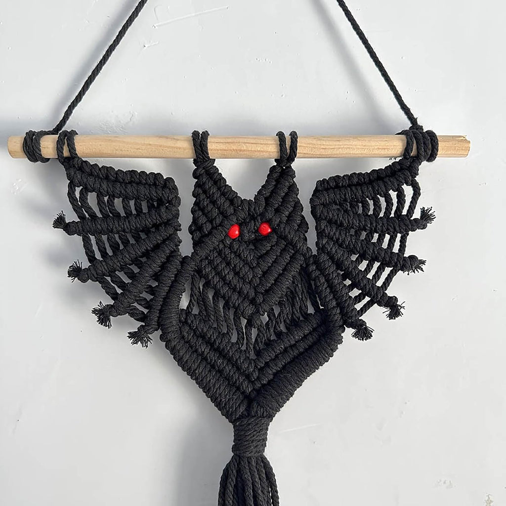 2-Pack Boho Bat Shape Gothic Plant Hanger, Macrame Handmade Pot Holder with Wooden Stick, Black Color Pot Holder for