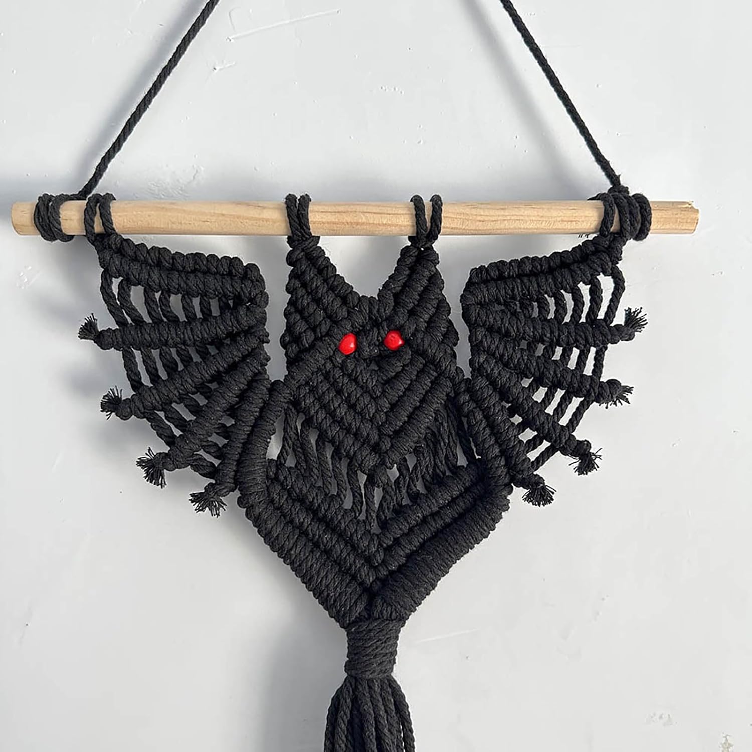 2-Pack Boho Bat Shape Gothic Plant Hanger, Macrame Handmade Pot Holder with Wooden Stick, Black Color Pot Holder for