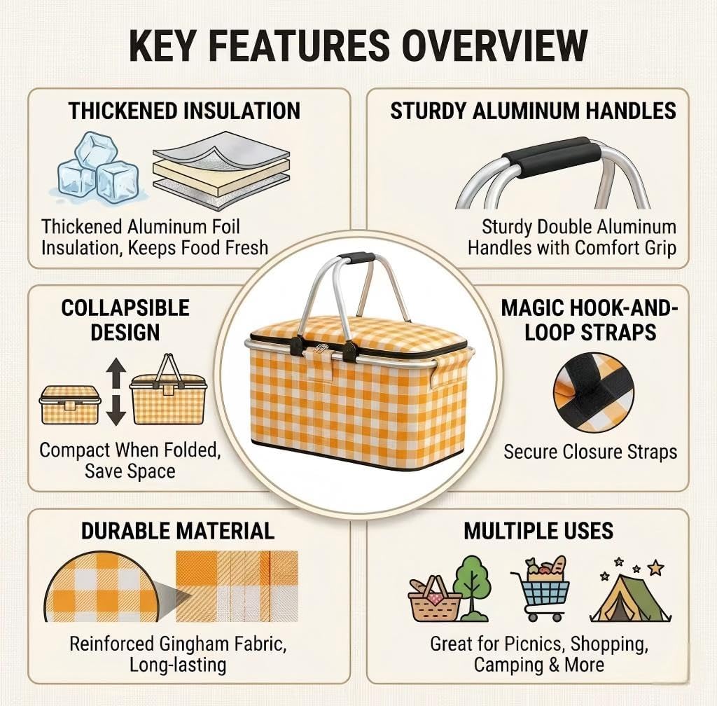 22L Collapsible Picnic Basket with Waterproof Blanket - Insulated Cooler Bag & Yellow Plaid Hamper Set - Includes