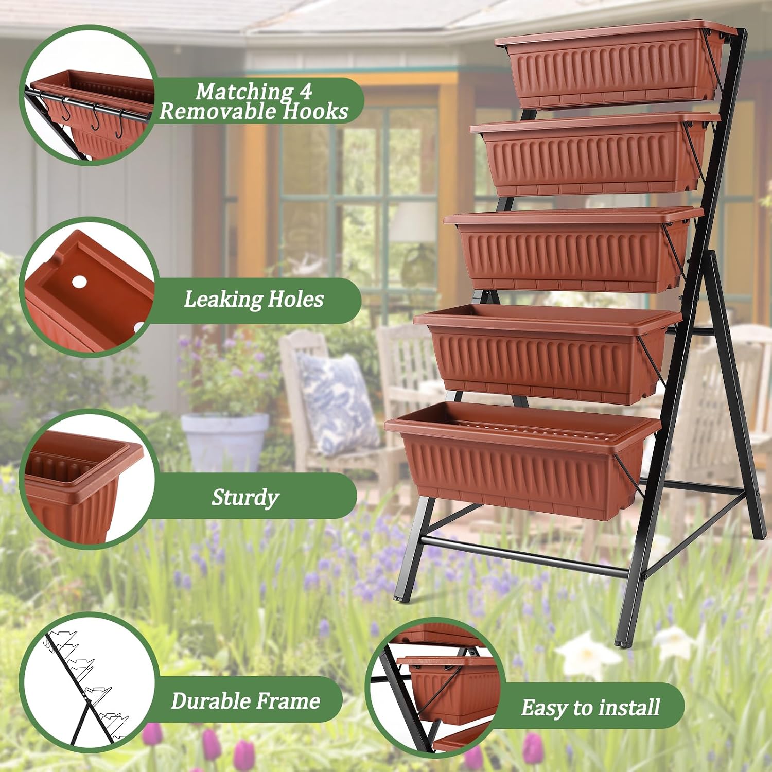 TEANDE Vertical Raised Garden Bed, 5-Tier Elevated Planter Box w/Drainage System & 4 Hooks for Herbs Vegetables