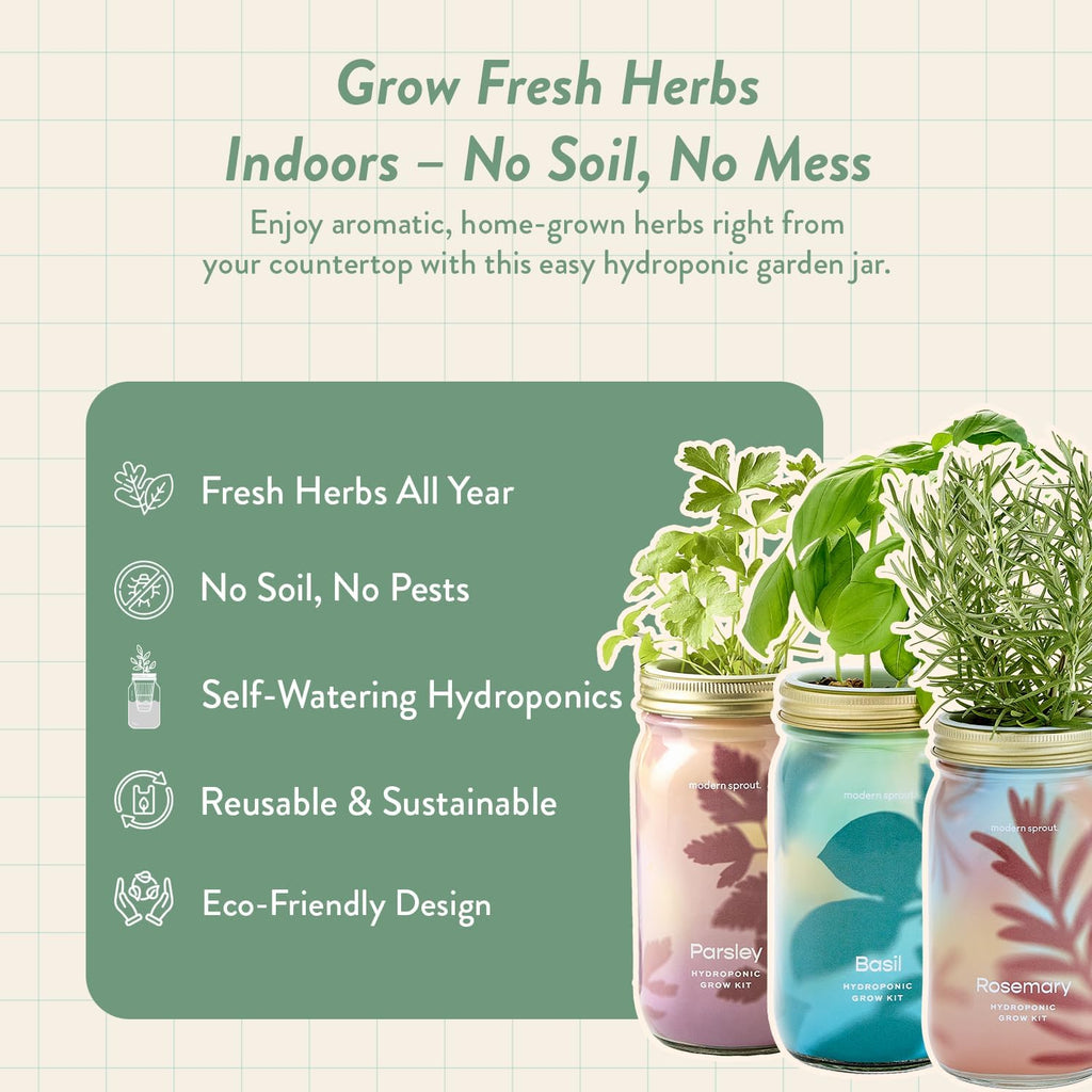 Modern Sprout Garden Jars + Smart Growbar Bundle- Basil, Rosemary & Parsley | Self-Watering Hydroponic Herb Growing Kit