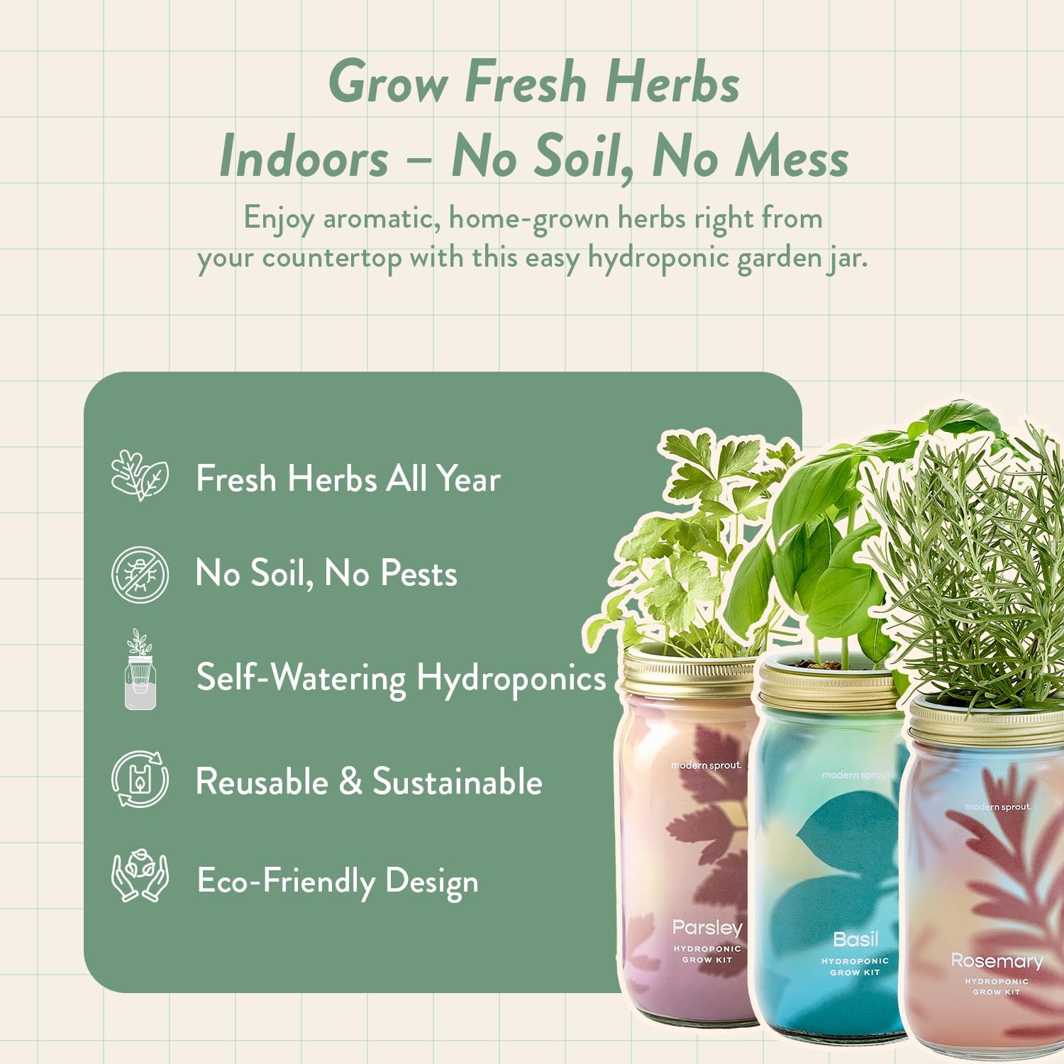 Modern Sprout Garden Jars + Smart Growbar Bundle- Basil, Rosemary & Parsley | Self-Watering Hydroponic Herb Growing Kit