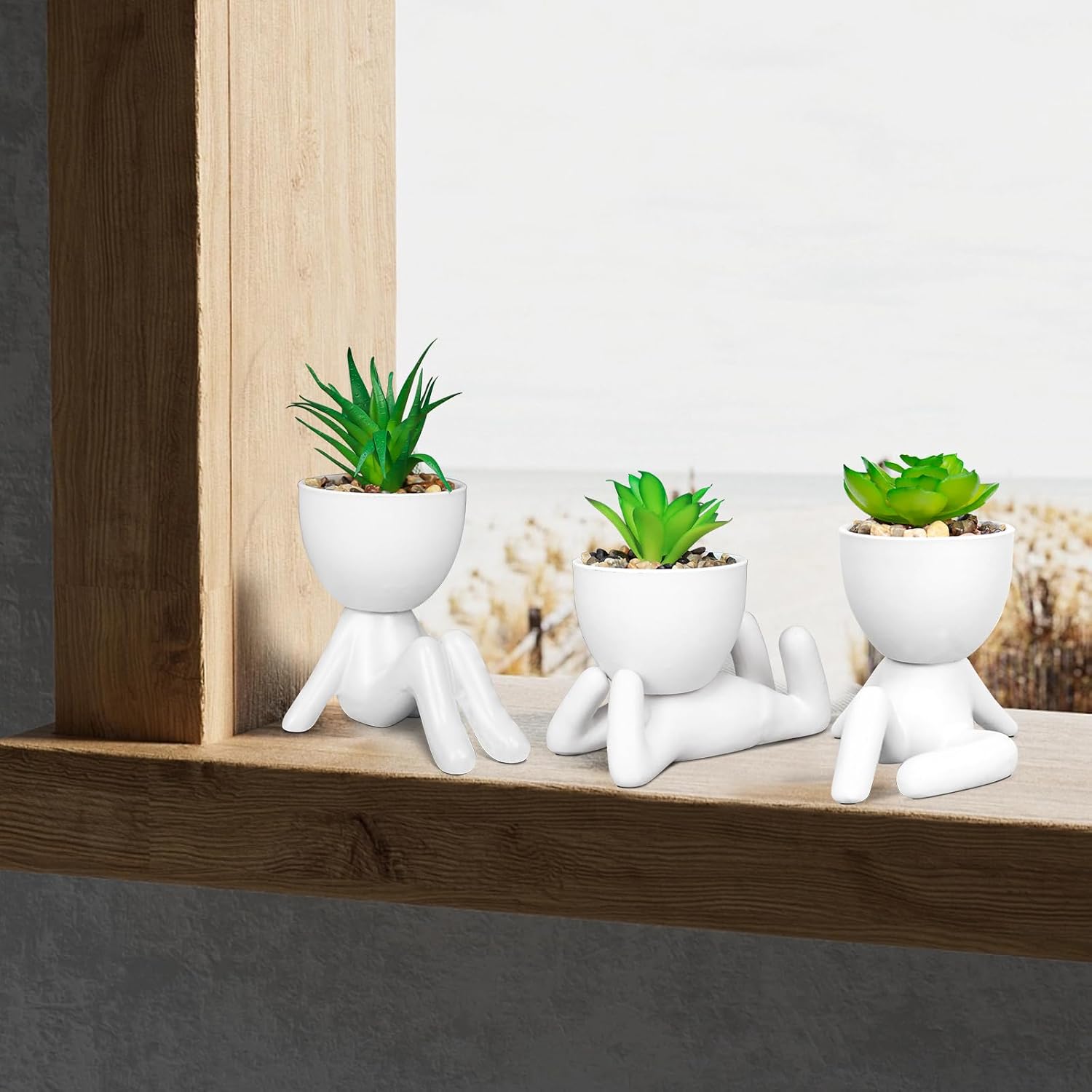 Set of 4 Artificial Succulents in Ceramic Pots, Cute Human Shaped Fake Plants for Shelves, Small Faux Plants for Office