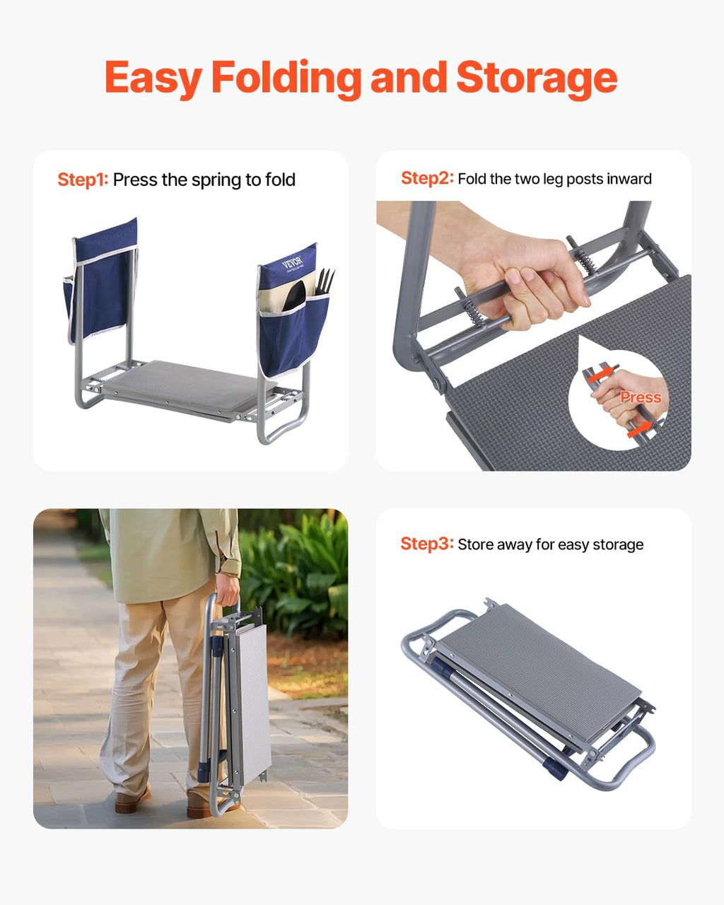 VEVOR Garden Kneeler and Seat Heavy Duty, Portable Garden Stool with 11'' EVA Kneeling Pad and 2 Tool Bags, Folding