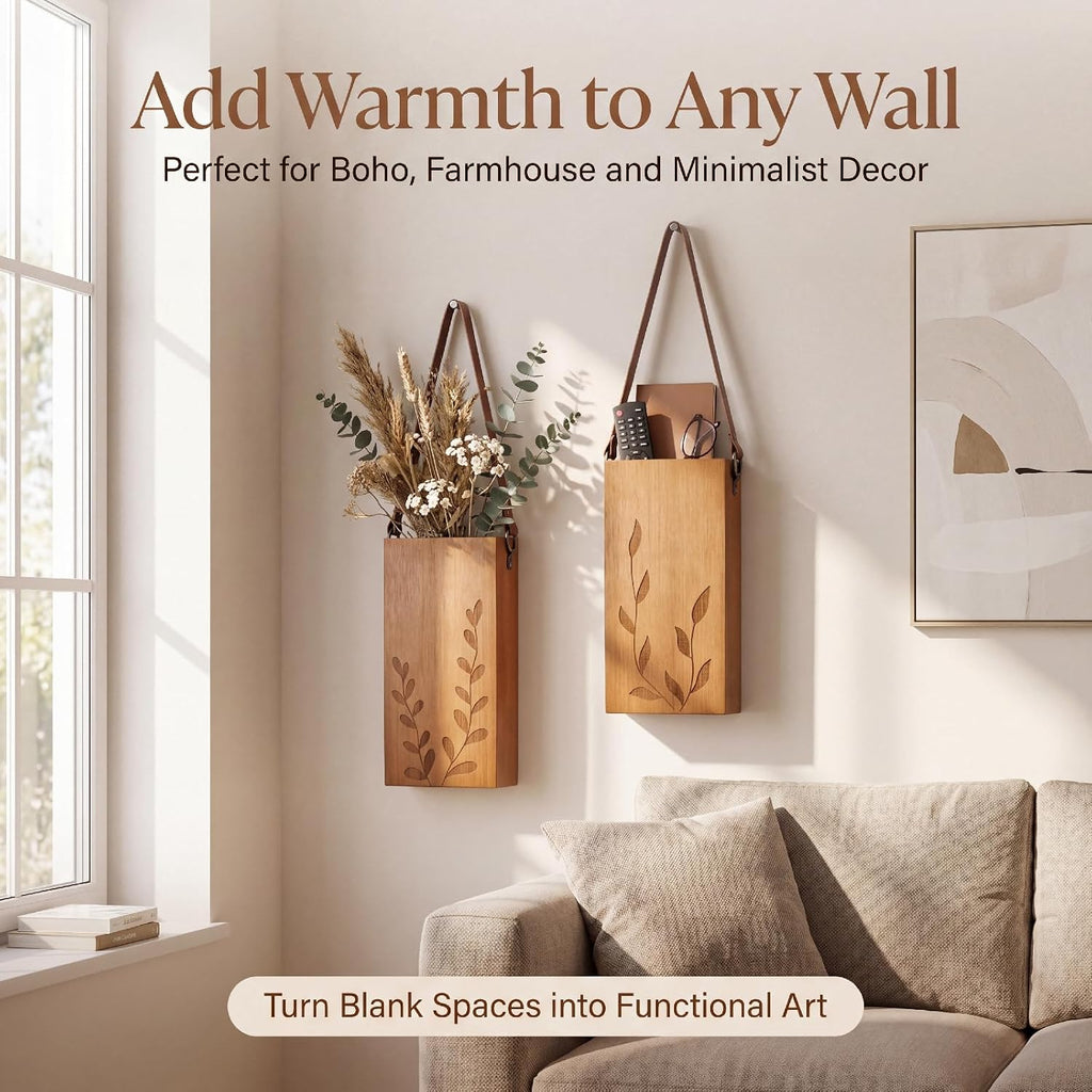 Set of 2 Bamboo Wall Planters Indoor Plants Brown Wood Wall Vase with Durable Leather Handle Boho Wall Decor Living