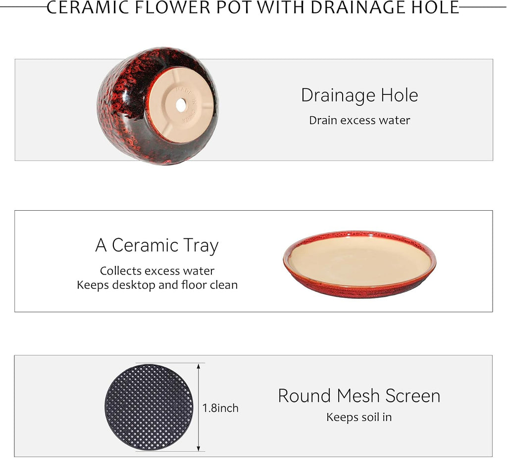 10.3 Inch Ceramic Planter with Saucer,Modern Garden Pots with Drainage Hole Mesh Net, for Indoor Outdoor Use (Speckle