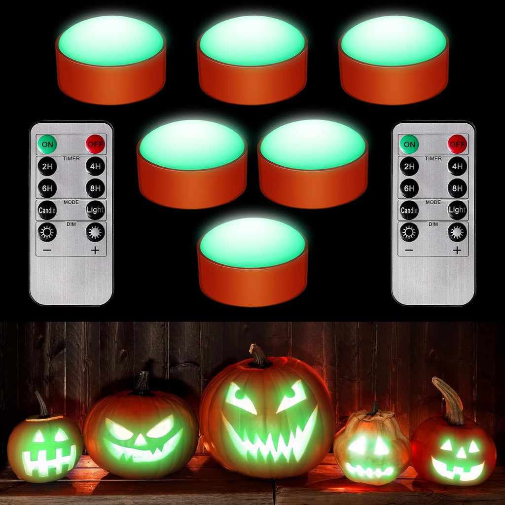 Riakrum 6 Pack Halloween Pumpkin LED Lights, Orang, Green Light
