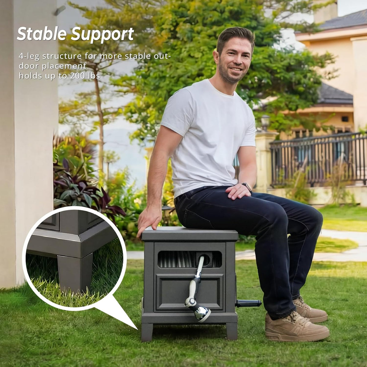 Heavy Duty Steel Garden Hose Reel Deck Box, Holds 125 ft x 5/8 inch Hose, Leak-Proof Aluminum Water System, Manual
