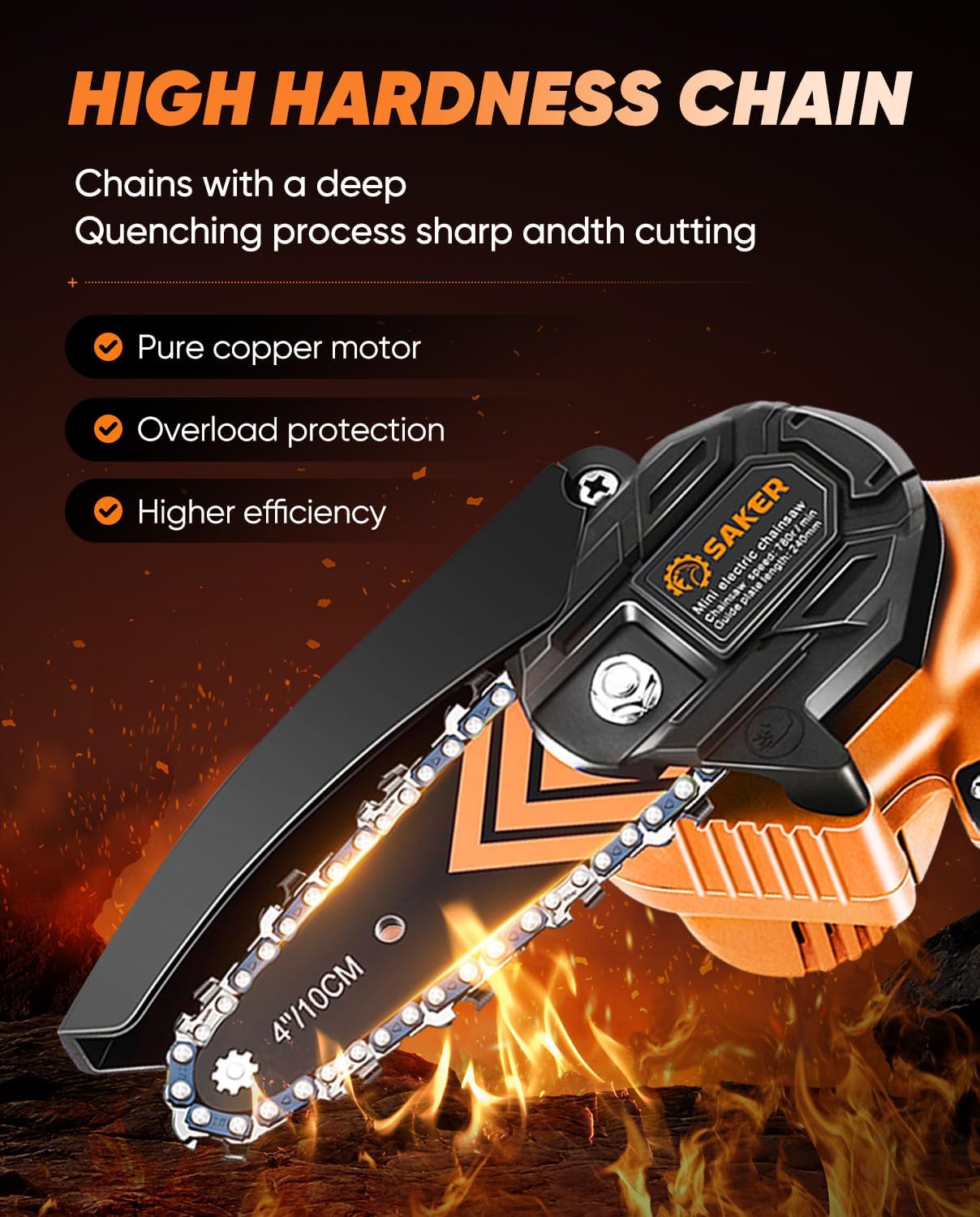 Saker Mini Chainsaw Cordless with 2 Batteries Orange | Portable Electric Chainsaws Cordless,Handheld Chain Saw Pruning