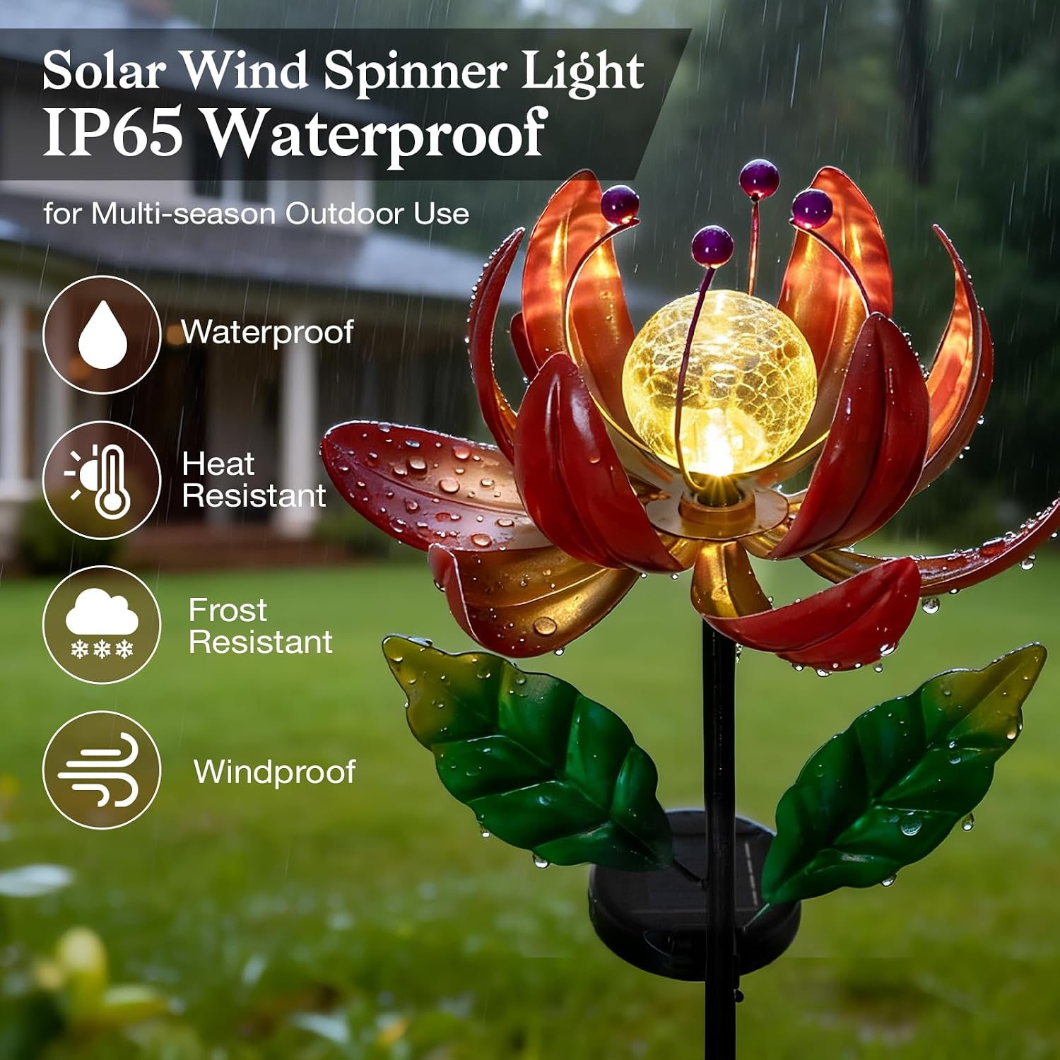 Solar Lights Outdoor Wind Spinners, Metal Lotus Flower Garden Decor with Waterproof LED Crackle Glass Globe for Patio