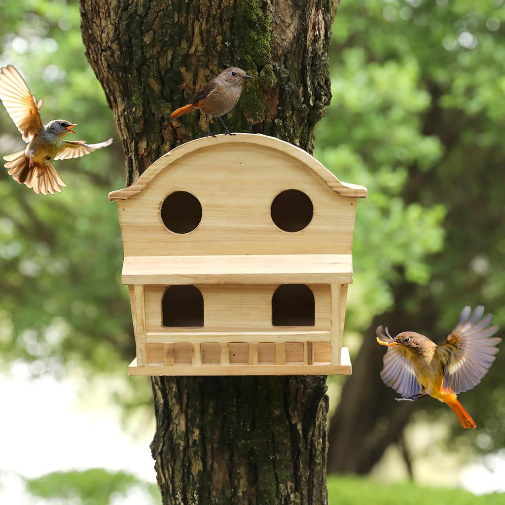 Bird Houses for Outside, 4 Hole Wooden Birdhouse for Outdoor Large Hanging Bird House Backyard Birding & Wildlife