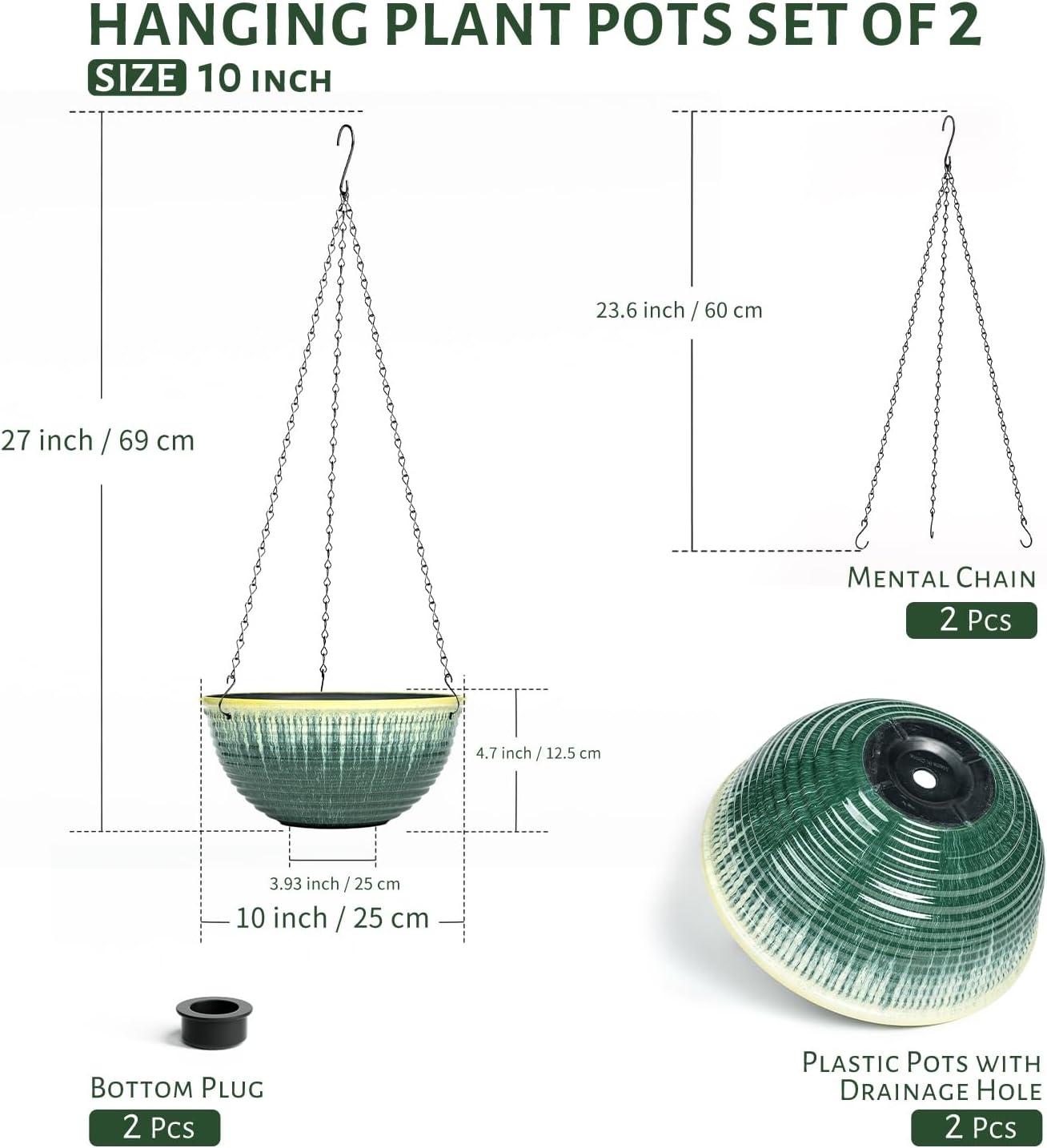 10inch Hanging Planter, 2 Pack Hanging Planters for Indoor and Outdoor Plants, Glazed Hanging Plant Holder with
