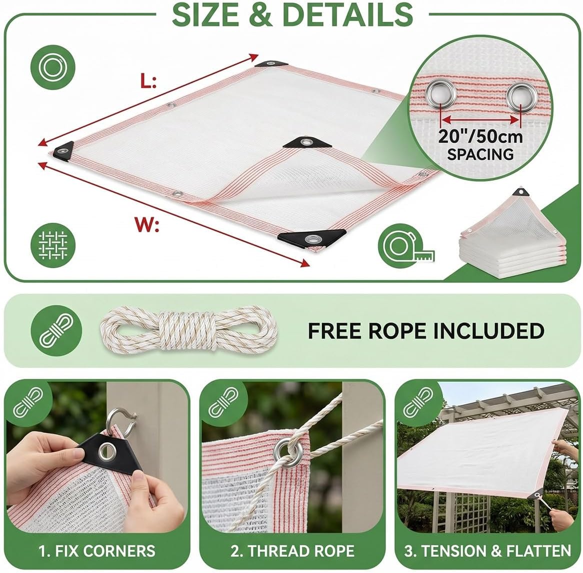 40% White Shade Cloth for Garden Plants, UV Resistant Sun Shade Netting with Grommets, Breathable HDPE Mesh Tarp Canopy