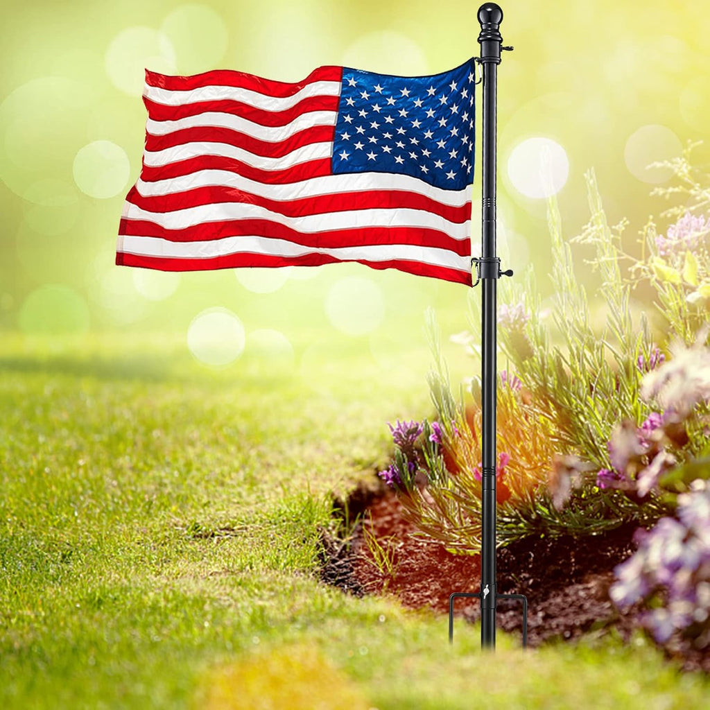 Black Flag Poles for Outside - 8.5FT Metal Outdoor Yard Flag Pole Holder with 2 Prongs Base - 3x5FT American Flag with
