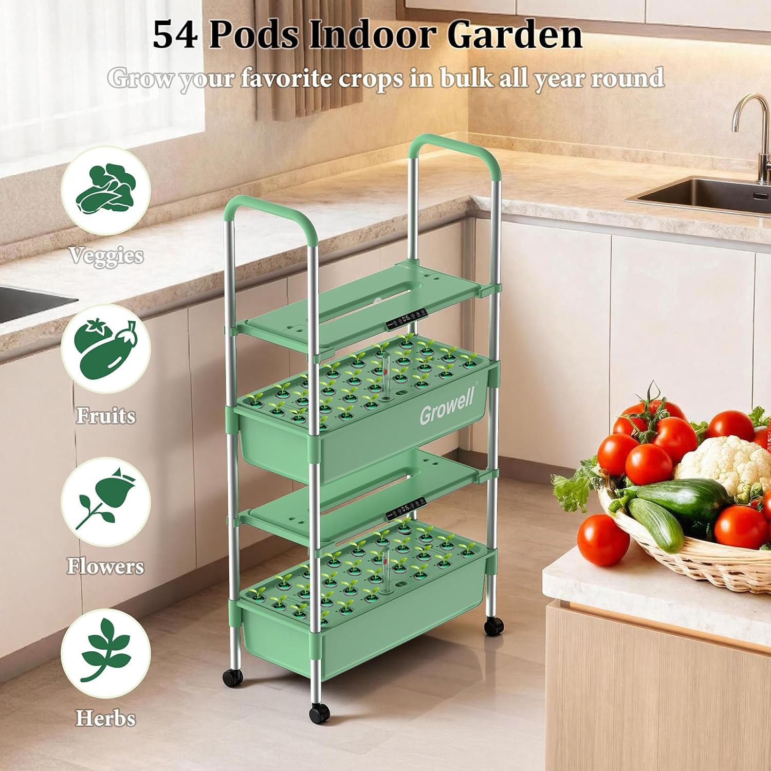 Growell Hydroponics Growing System Kit, 54 Pods Vertical Indoor Herb Garden with Smart LED Grow Light, Auto Circulating