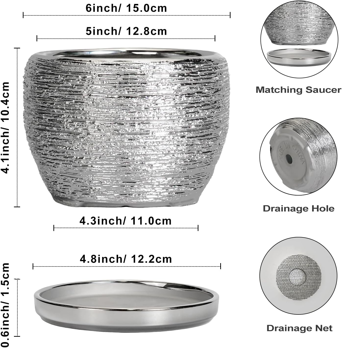 SQOWL Ceramic Plant Pots - 6 Inch Planter for Indoor Outdoor Plants, Modern Round Flower Pots with Drainage Hole and
